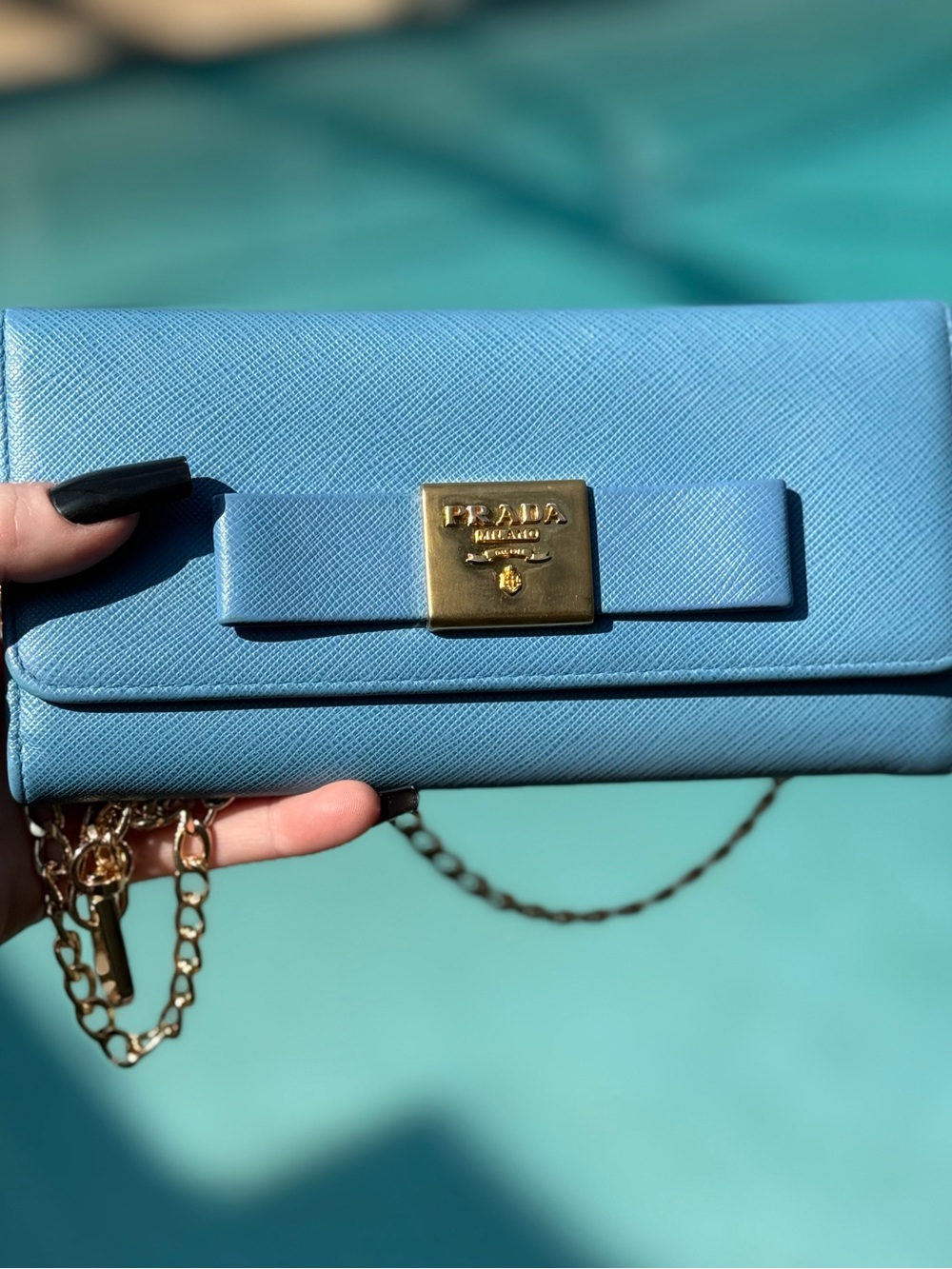 Prada Saffiano Lux Bow Continental Wallet Light Blue Gold Hardware W/ Chain Card